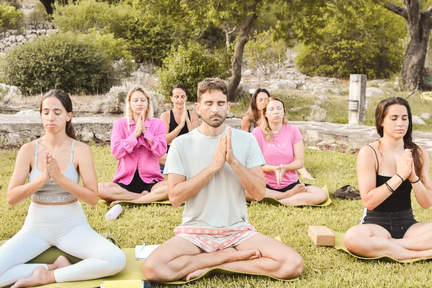 Morning meditation by the pool at Yoga and Deep Transformation Retreat Mallorca